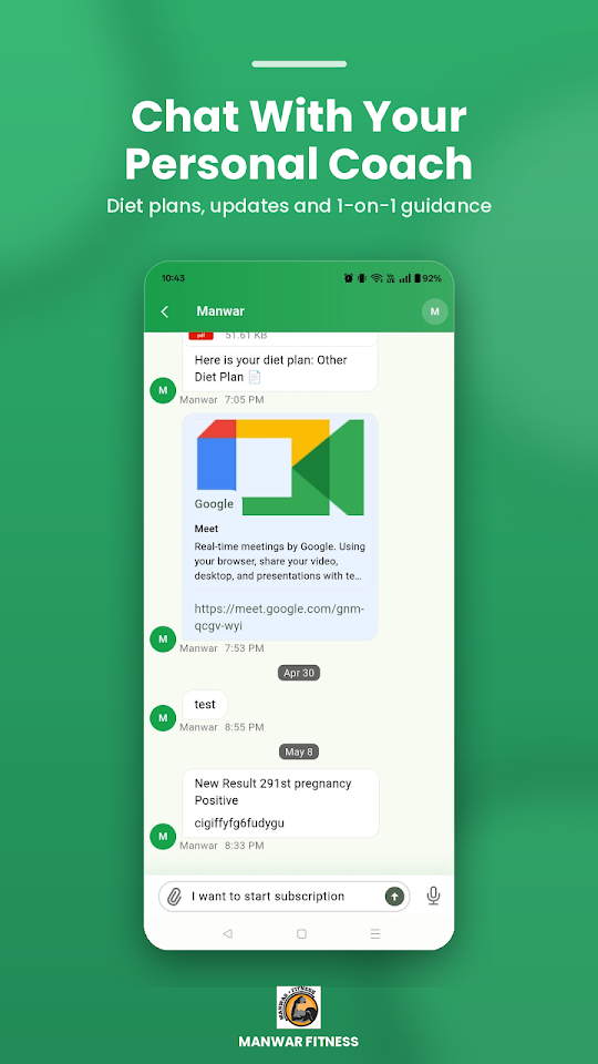 Manwar Fitness app screen: Chat with your coach