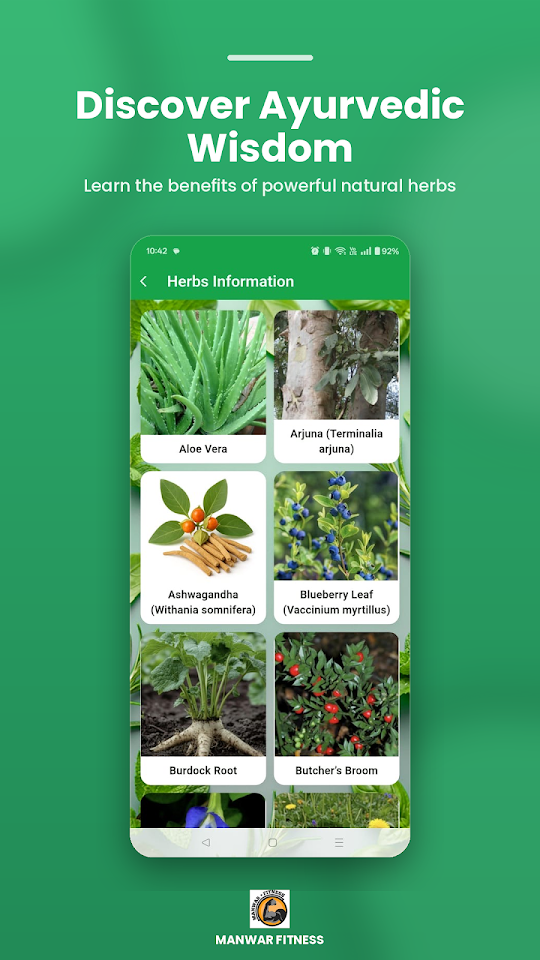 Manwar Fitness app screen: Ayurvedic herbs guide