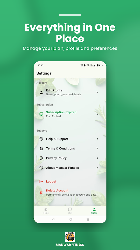 Manwar Fitness app screen: Plan, profile and settings