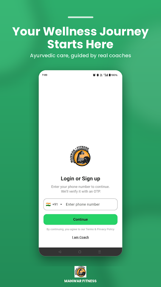 Manwar Fitness app screen: Sign in with your phone number